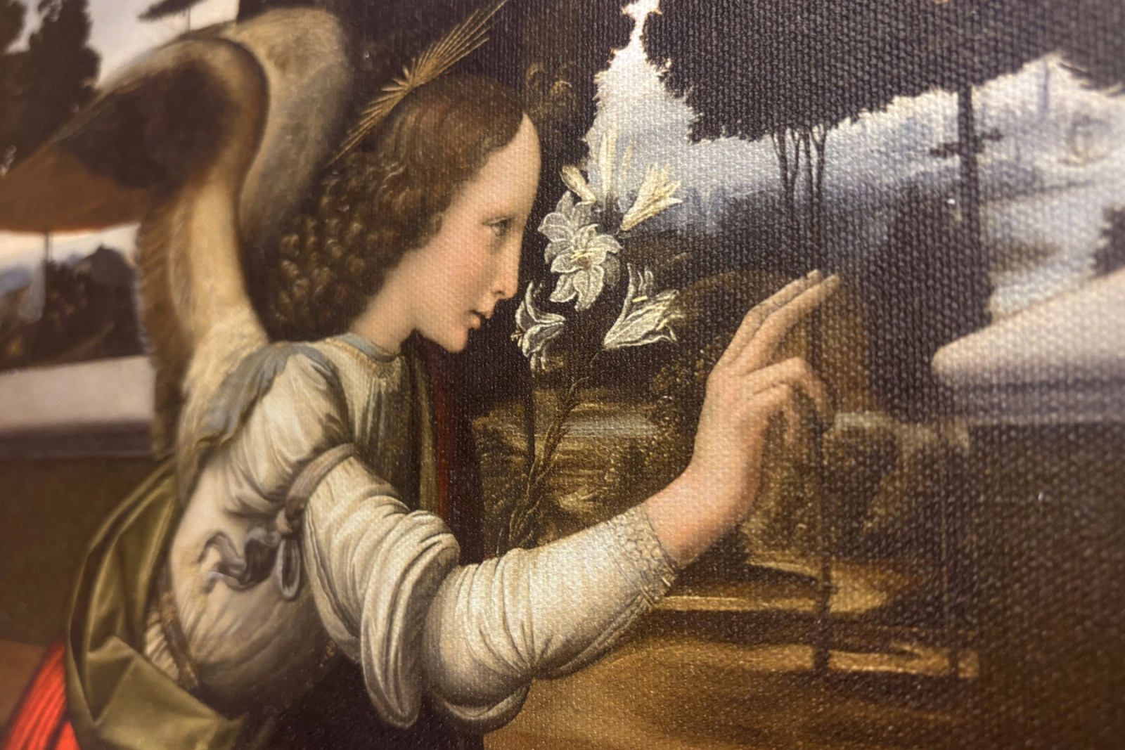 Olaszország Toszkána Firenze, Uffizi Képtár: Angyali üdvözlet, Leonardo da Vinci (1452-1519) festménye, Olaj, fa, kb. 1472-1475, 98x217 cm - Leonardo da Vinci