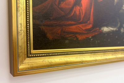 Olaszország Toszkána Firenze, Uffizi Képtár: Angyali üdvözlet, Leonardo da Vinci (1452-1519) festménye, Olaj, fa, kb. 1472-1475, 98x217 cm