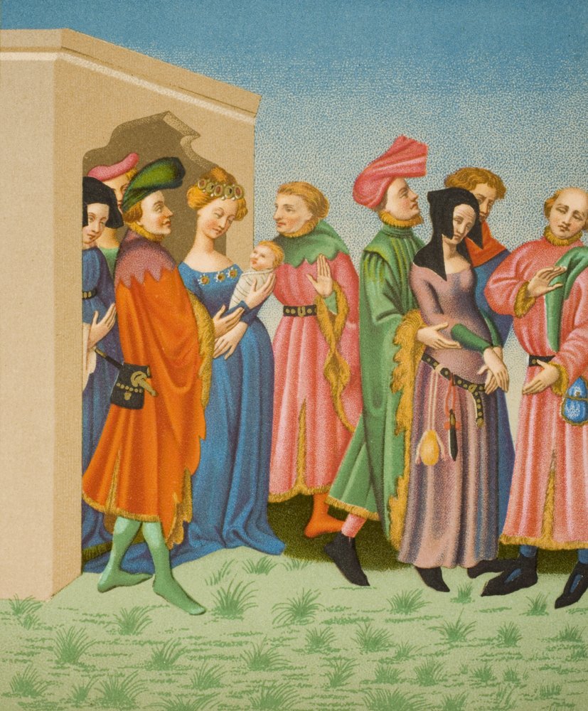 Egy fiatal anya kísérete, VI. Károly király (1368-1422) latin Terence miniatúrája nyomán Paul Lacroix (1806-84) „Le Moyen Age et La Renaissance” című művéből, amely 1847-ben jelent meg. alkotó: French School