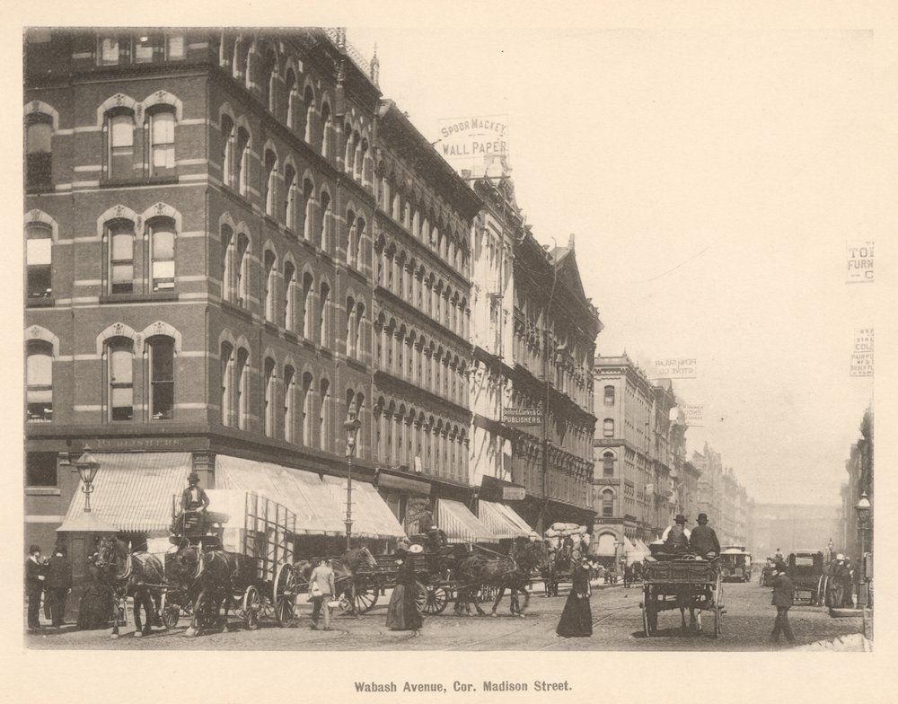 Kilátás a Wabash Ave. és a Madison St. sarkára, Chicago, 1889 alkotó: American Photographer