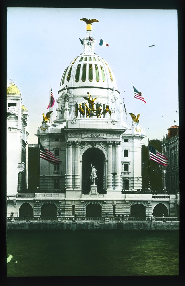 Párizsi kiállítás: Egyesült Államok pavilonja, Párizs, Franciaország, 1900 (lámpás csúszda) alkotó: French Photographer
