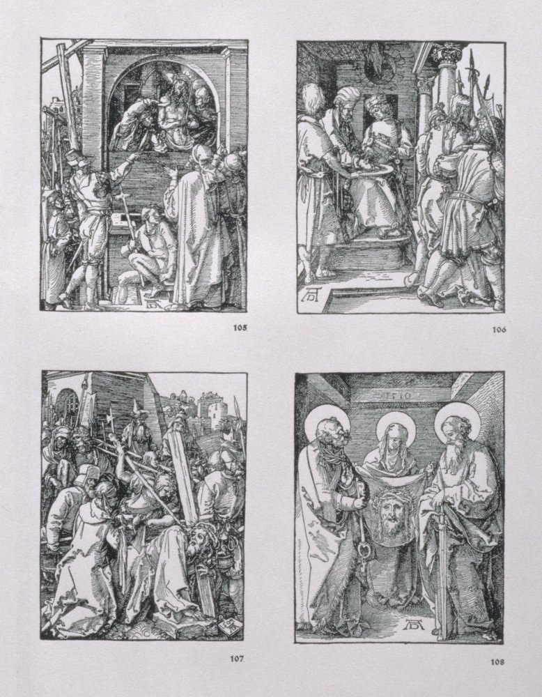 A „Kis szenvedély” sorozat (az óramutató járásával megegyezően): Ecce Homo; Pilátus kezet mos; Keresztet hordozó Krisztus; Szent Veronika a Sudariummal az SS között. Péter és Pál, 1510-ben kelt, kocsma. 1511 alkotó: Albrecht Dürer