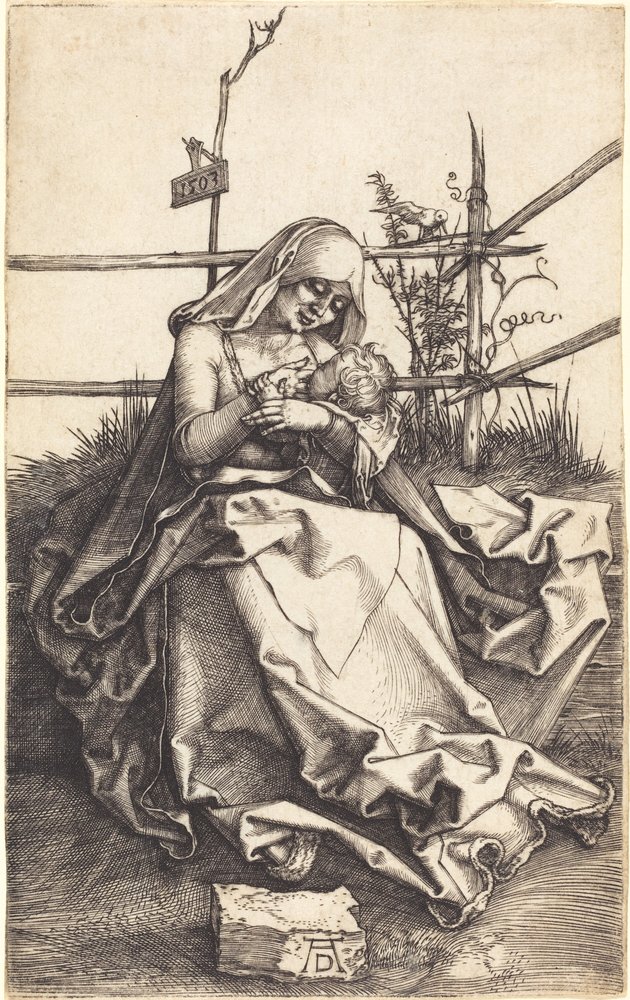A szűz és a gyermek egy füves padon alkotó: Albrecht Dürer