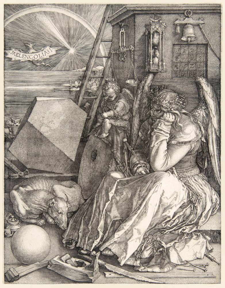 Albrecht Dürer (1471-1528) Melencolia I című műve, 3 mesteri metszetének egyike, 1514-ben készült el. alkotó: Albrecht Dürer