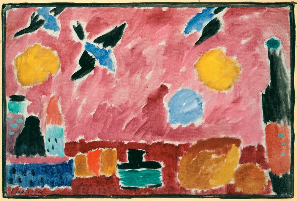 Piros fecskemintás tapétával – Alekszej von Javlenszkij (1864-1941) festménye, olaj, karton alkotó: Alexej von Jawlensky
