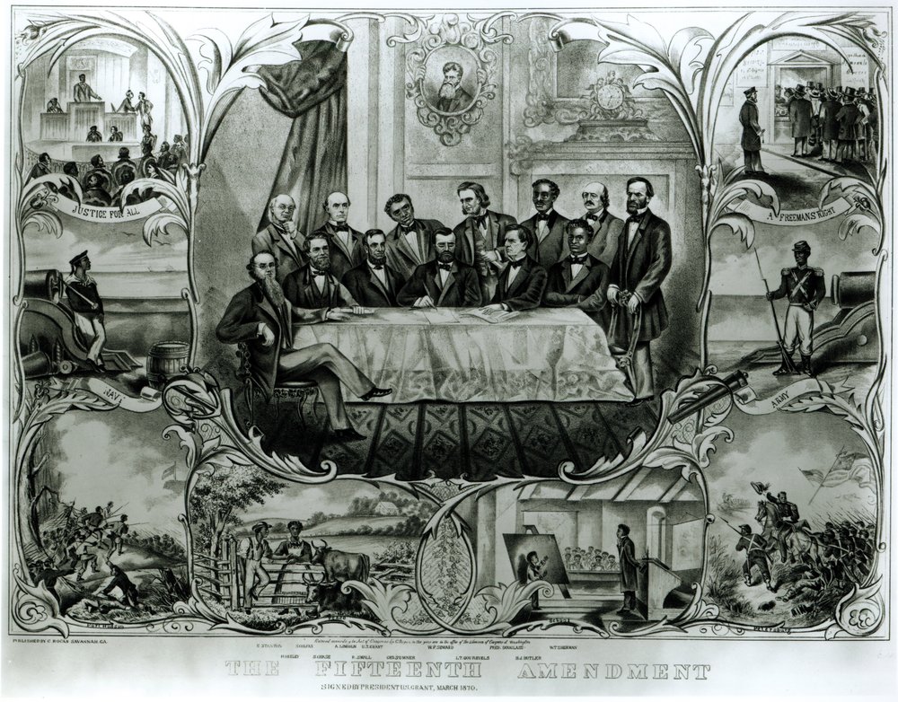 A tizenötödik módosítás, amelyet Ulysses S. Grant elnök írt alá (1822-85), 1870. március (litho) (fekete-fehér fotó) alkotó: American School