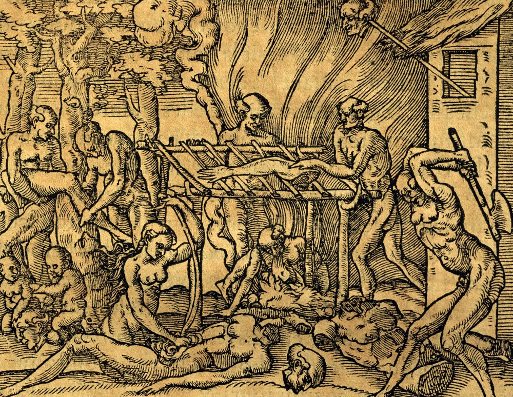 Kannibál Tupinambá törzs Brazíliában, metszet André Thevet (1504-1592) Les singularitez de la France antarctique című művéből, Párizs alkotó: Andre Thevet