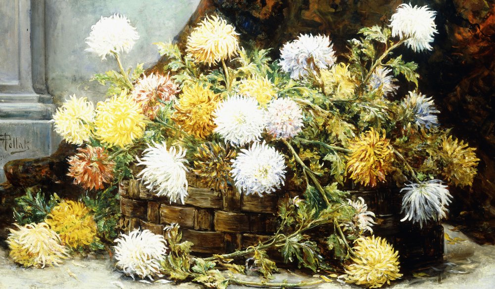 Krizantém kosárban (olaj, vászon) alkotó: August Pollak