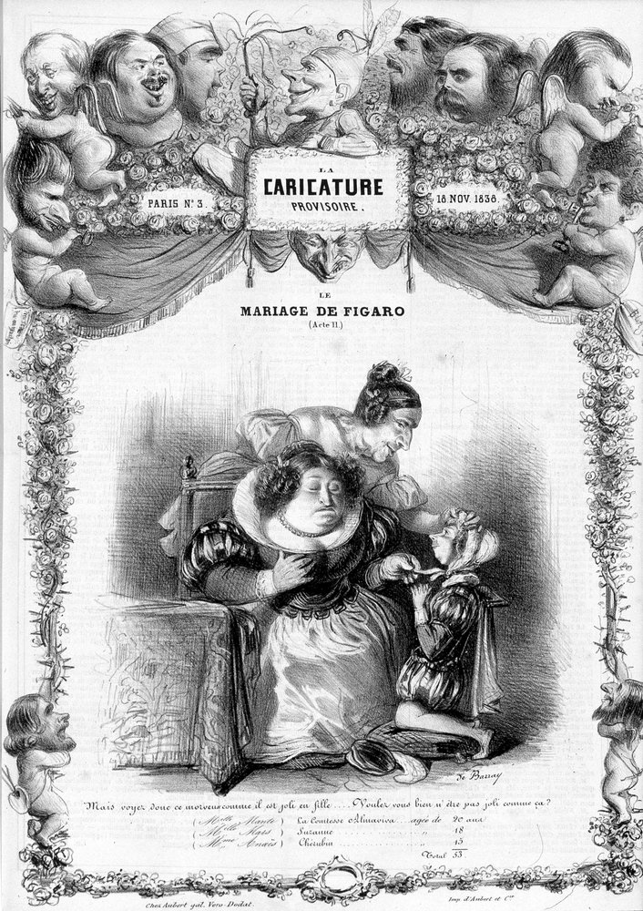 Figaro házassága, 11. felvonás, Suzanne és Almaviva grófnő szereplőivel: „” _ de lássátok ezt a taknyot, milyen csinos lányként... nem leszel ilyen szép? "" illusztráció, 1838. alkotó: Benjamin Roubaud