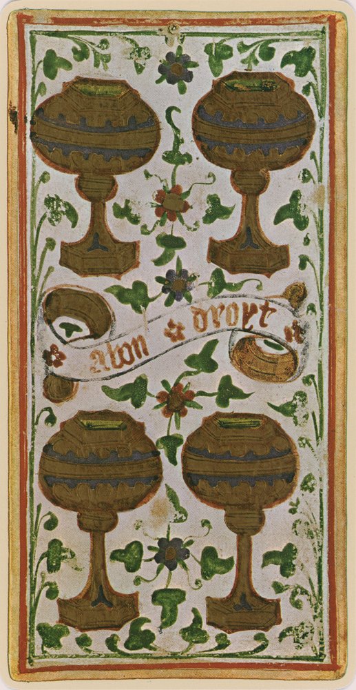 The Four of Cup, egy tarot kártya fakszimile a „Visconti” pakliból, 1441-47 alkotó: Bonifacio Bembo