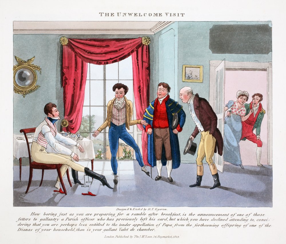 The Unwelcome Visit, illusztráció a "Fashionable Bores or Coolers in High Life" című könyvéből, Peter Quiz, pub. Thomas McLean, London 1824 (kézzel színezett metszet) alkotó: Daniel Thomas Egerton