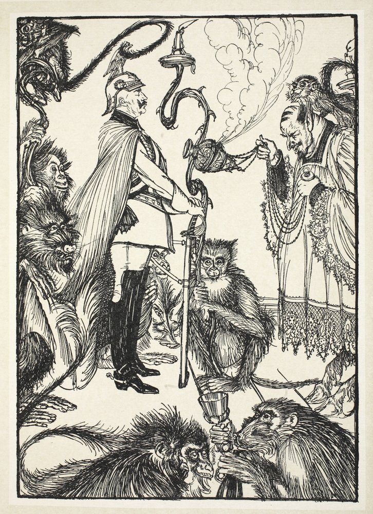 A fekete mise 1. (A celebráns és a szertartásmester), illusztráció Edmund J. Sullivan The Kaiser’s Garland című művéből, kiadva 1916 alkotó: Edmund Joseph Sullivan