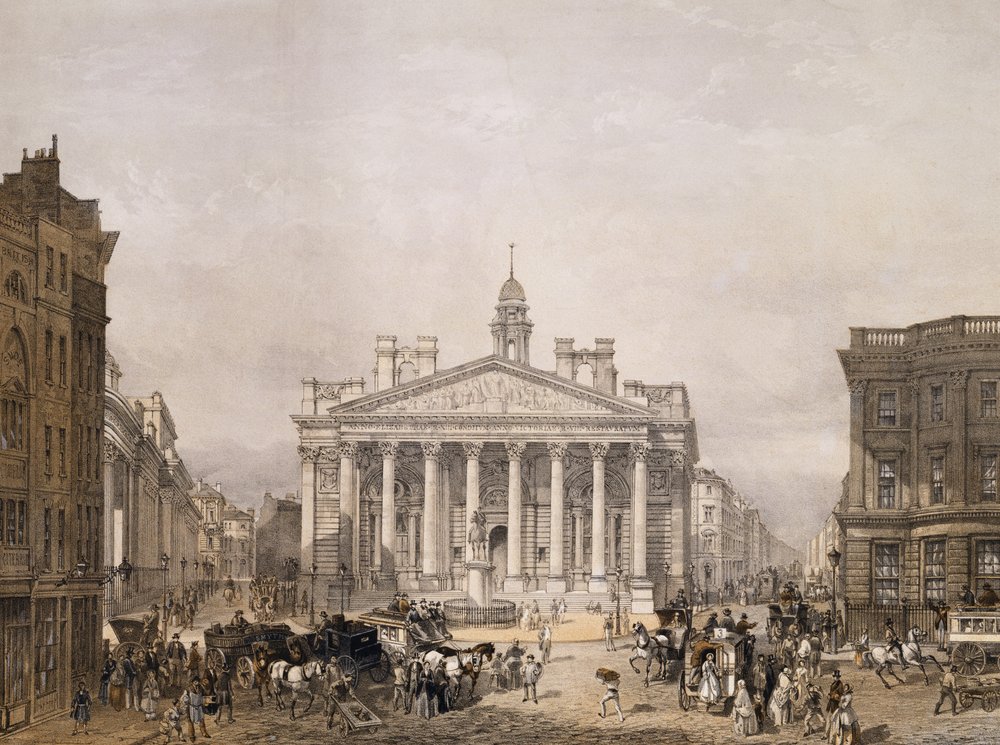 Royal Exchange és a Bank of England, pub. 1852, Lloyd Bros. und Co. (litográfia) alkotó: Edmund Walker
