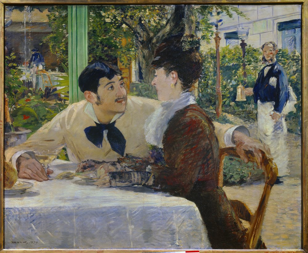 Lathuille atya. A szabadban Egy pár iszik egy pohár pezsgőt egy szabadtéri étterem teraszán a Place de Clichy közelében Párizsban (Montmartre). Edouard Manet (1832-1883) festménye 1879 Tournai. Szépművészeti Múzeum alkotó: Édouard Manet