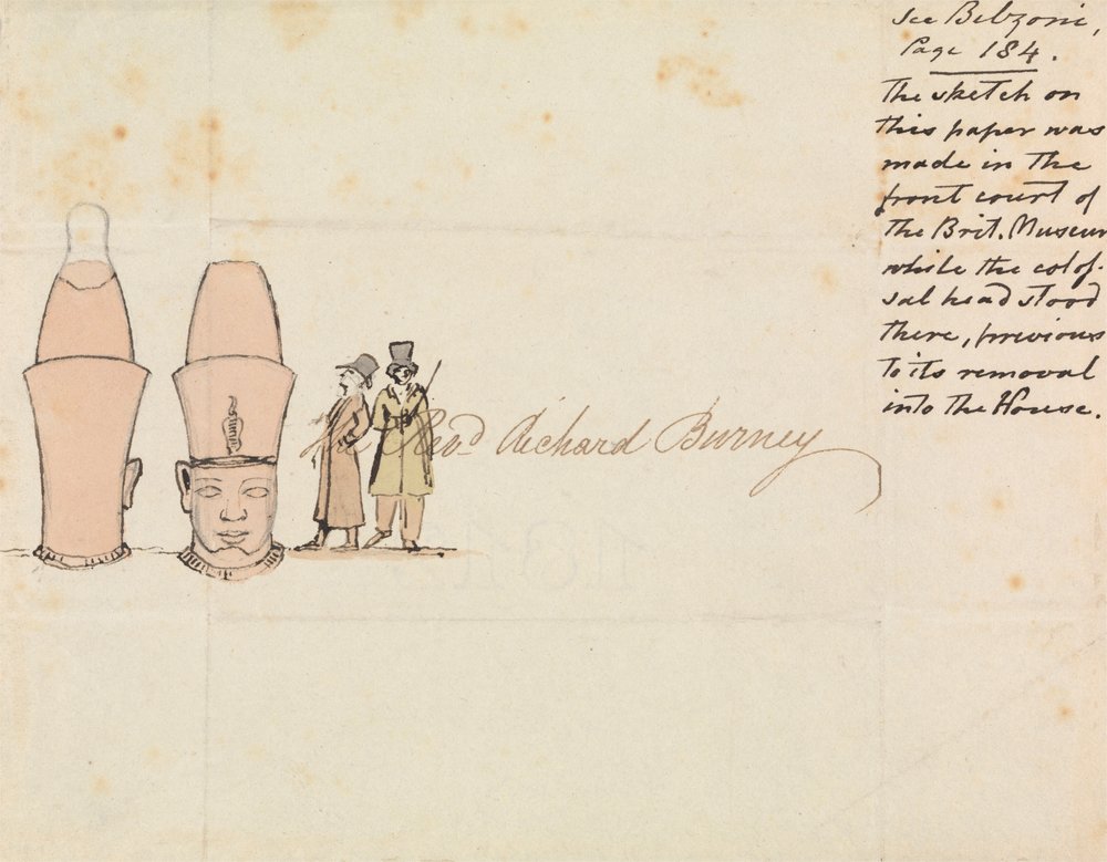 Levél Richard Burney tiszteletesnek kolosszális fej rajzával a British Museum Courtyardból alkotó: Edward Francis Burney