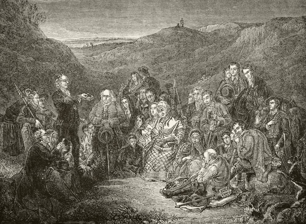 A Scottish Covenanters szabadtéri találkozója William Hickman Smith Aubrey (1858-1916) „Anglia nemzeti és hazai története” című könyvéből, London, 1890 körül. alkotó: English School