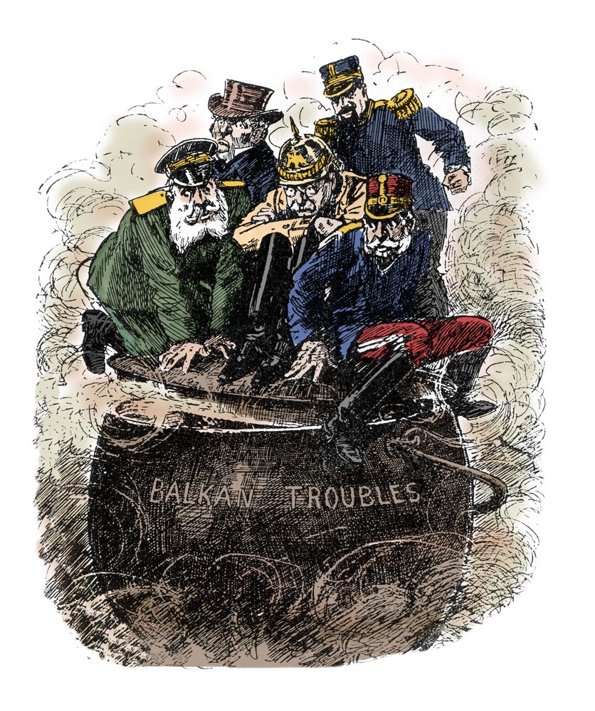 Balkáni bajok - A Nagy-Britannia, Franciaország (Armand Fallieres), Oroszország (II. Miklós), Németország (II. Vilmos) és Ausztria-Magyarország által képviselt európai nagyhatalmak úgy próbálják elfojtani a balkáni konfliktusokat, hogy a forrongó fazék fed alkotó: English School