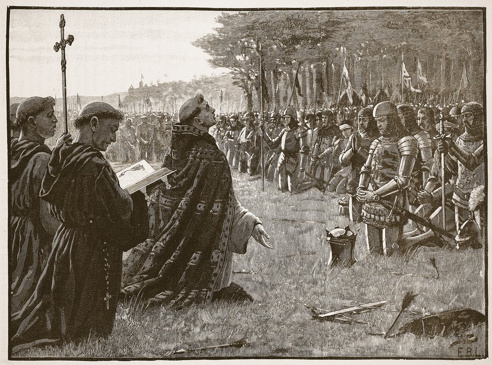 Az angol hadsereg hálaadása az agincourti csata után, 1415. október 25., illusztráció: Cassells Illustrated History of England (szépia fotó) alkotó: English School