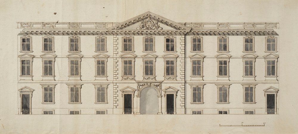 A New College-i Garden Quadrangle tervezett új épületének nyugati frontja, 1680 körül (tinta és szürke mosás papíron) alkotó: English School