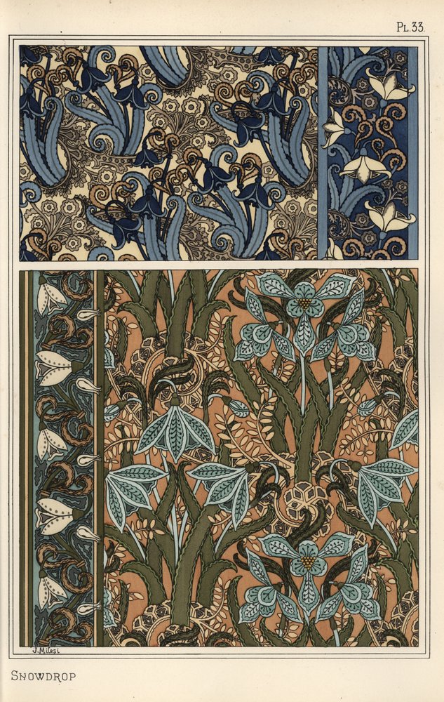 Hóvirág, Galanthus nivalis, tervezési motívumként tapétákon, szegélyeken és textileken alkotó: Eugene Grasset