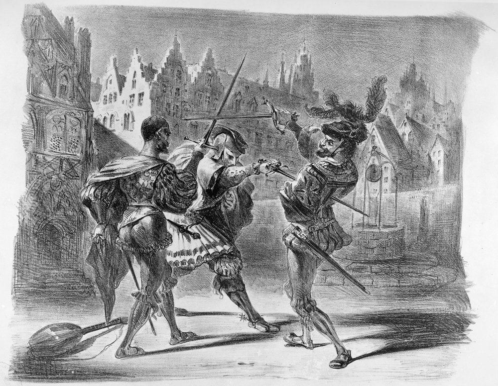 Párbaj Faust és Valentin között, Goethe Faustjából, 1828 után, illusztráció alkotó: Ferdinand Victor Eugene Delacroix