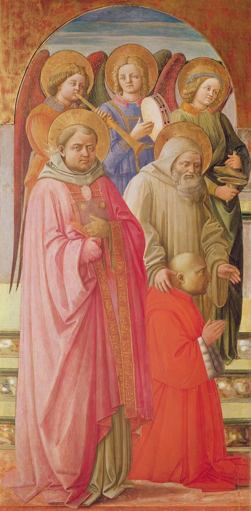 A Szűz megkoronázását ábrázoló triptichon (bal oldali tábla: szentek, zenélő angyalok és a térdelő bíboros) alkotó: Fra Angelico