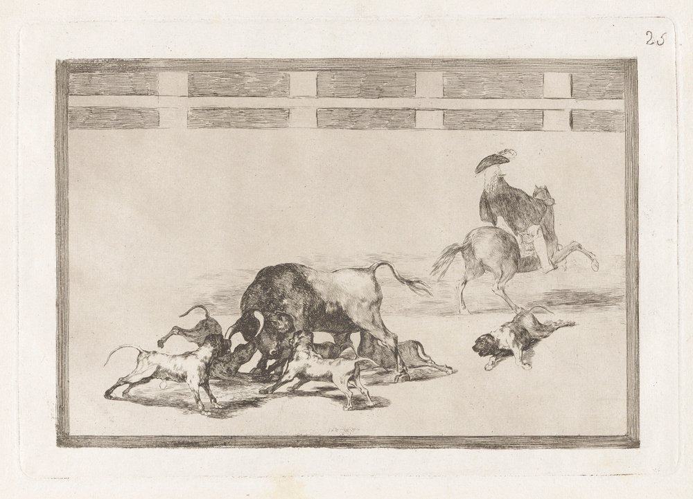 Echan perros al toro (Ellazultak a kutyák a bikán), 25. tábla a La tauromaquiától alkotó: Francisco de Goya