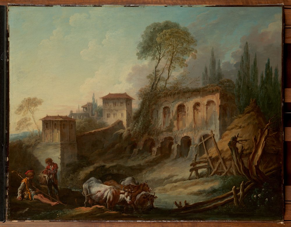 Képzeletbeli tájkép a Palatinus-dombról a Campo Vaccino felől alkotó: François Boucher