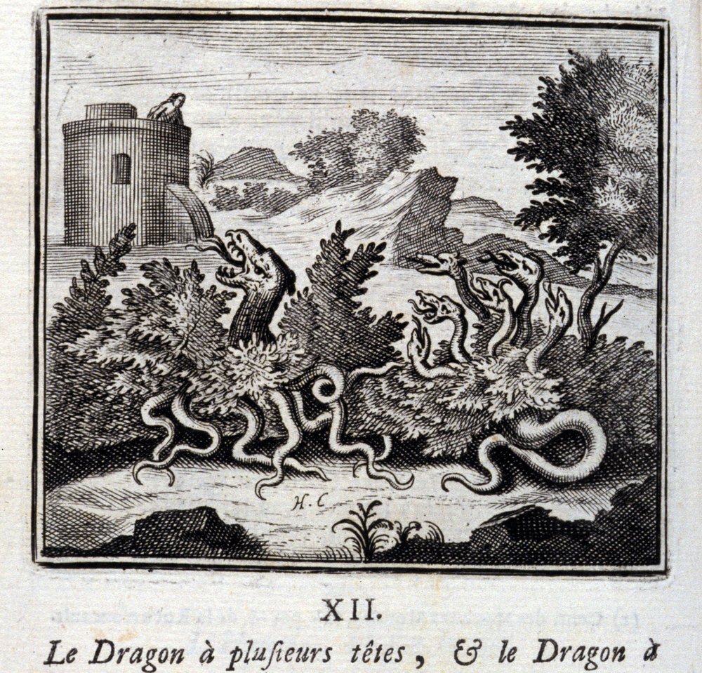 A sárkánynak több feje van, és a sárkánynak több farka van. Jean de La Fontaine (1621-95) meséi. François Chauveau (1613-1676) illusztrációja. 1728-as kiadás. alkotó: Francois Chauveau