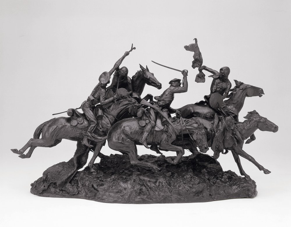 Az 1850-es öreg dragonyosok, 1905-ös modellezés, 1905-09 öntvény (bronz fekete patinával) alkotó: Frederic Remington