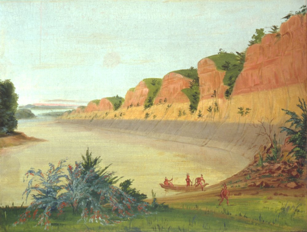 A Buffalo-sziget déli oldala, előtérben a bivalybogyókkal alkotó: George Catlin