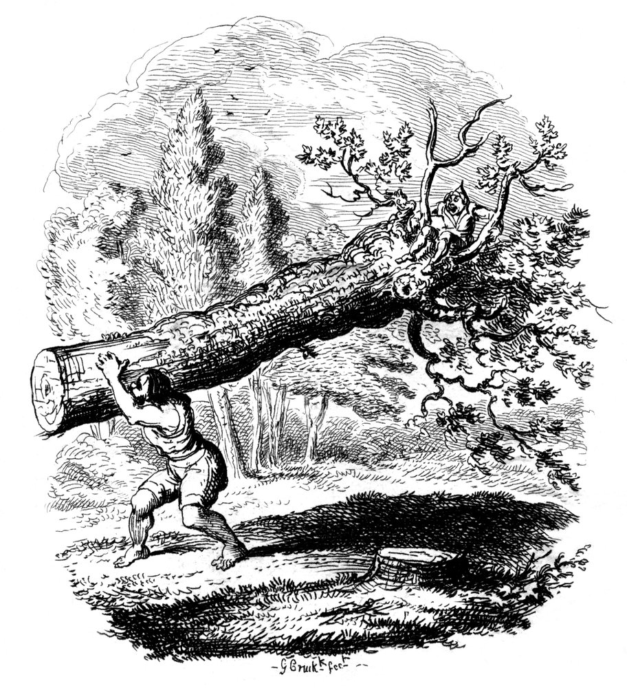 Nagy fatörzset a vállán cipelő férfi, 19. század. alkotó: George Cruikshank