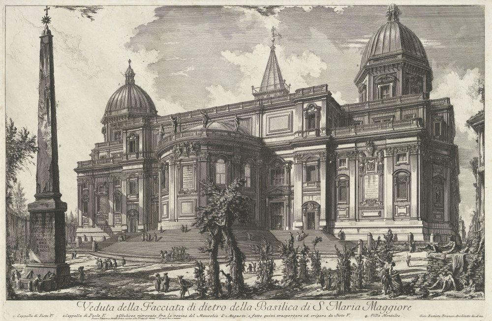 Santa Maria Maggiore Rómában Kilátás a S. Maria Maggiore-bazilika hátsó homlokzatára (cím a tárgyon) Gezichten op Rome (sorozat címe) Róma látképei, amelyeket Giambattista Piranesi építész, Ve (nez) iano tervezett és vésett (sorozat címe) alkotó: Giovanni-Battista Piranesi