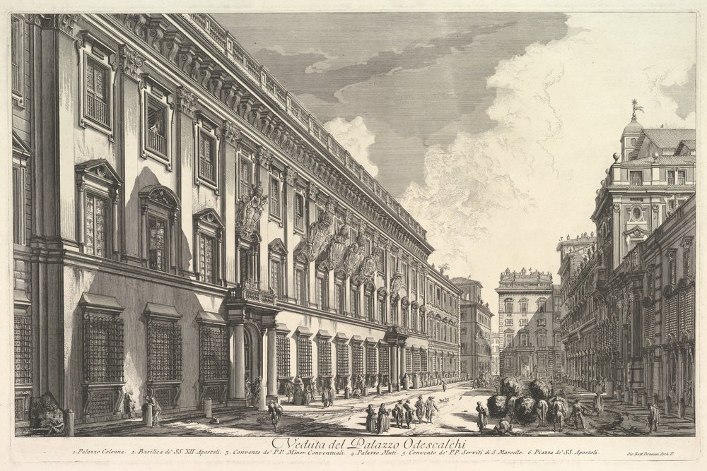 Kilátás a Palazzo Odeschalira, a Római kilátásból, kb. 1753. alkotó: Giovanni-Battista Piranesi