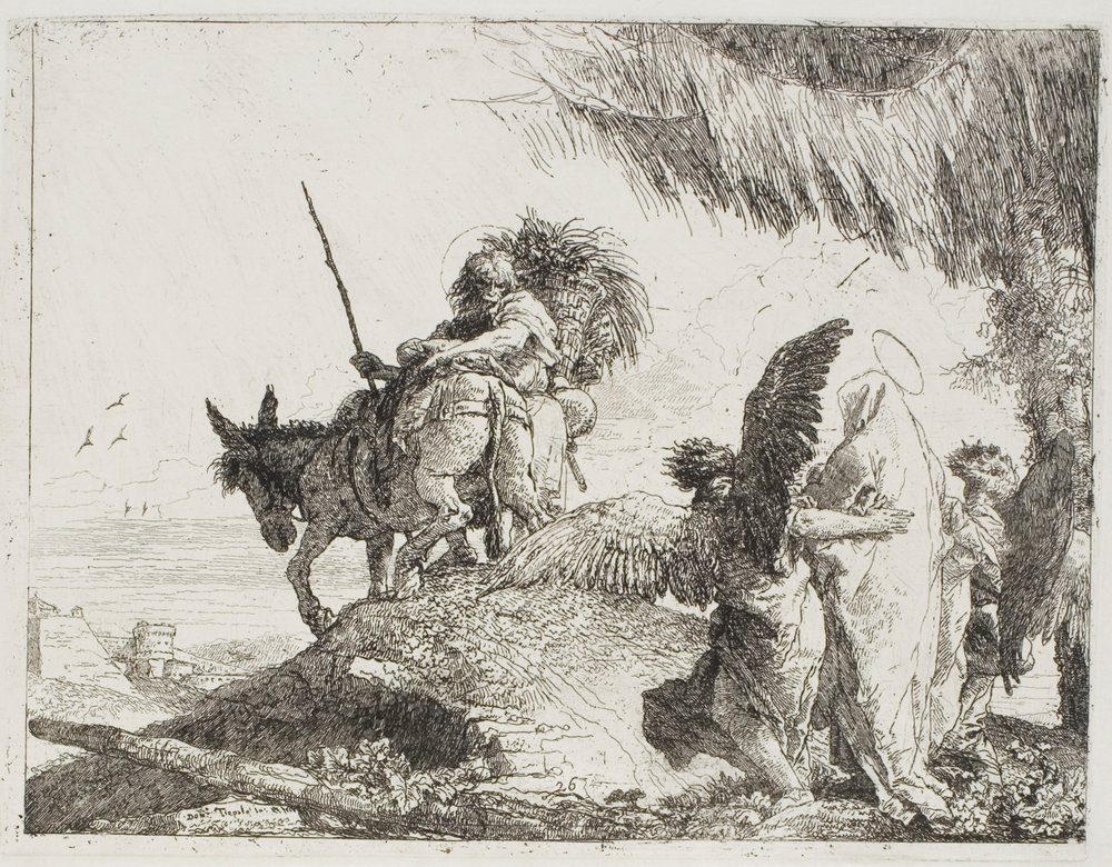 Mária, két angyal által támogatott, követi Józsefet, 26. lemez a Repülés Egyiptomba című könyvéből alkotó: Giovanni Domenico Tiepolo