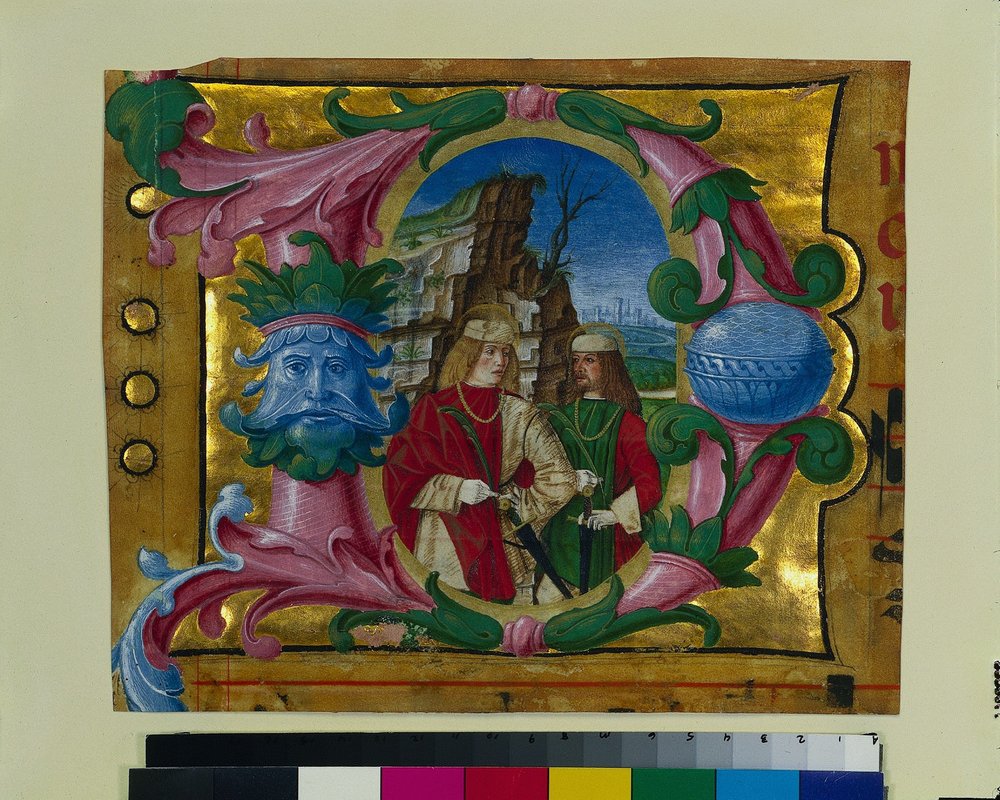 Egy kóruskönyvből kivágott történeti kezdetű D: Két vértanú szent, c. 1500-1510. alkotó: Girolamo dai Libri