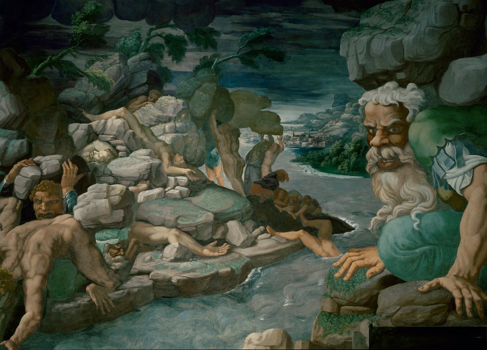 Az Olymposz ostromára törő óriásokat összezúzzák a lezuhanó kövek (freskó) alkotó: Giulio Romano