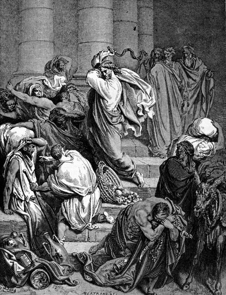 Jézus Krisztus kiűzi a kereskedőket a templomból. Gustave Doré illusztrációja. alkotó: Gustave Dore