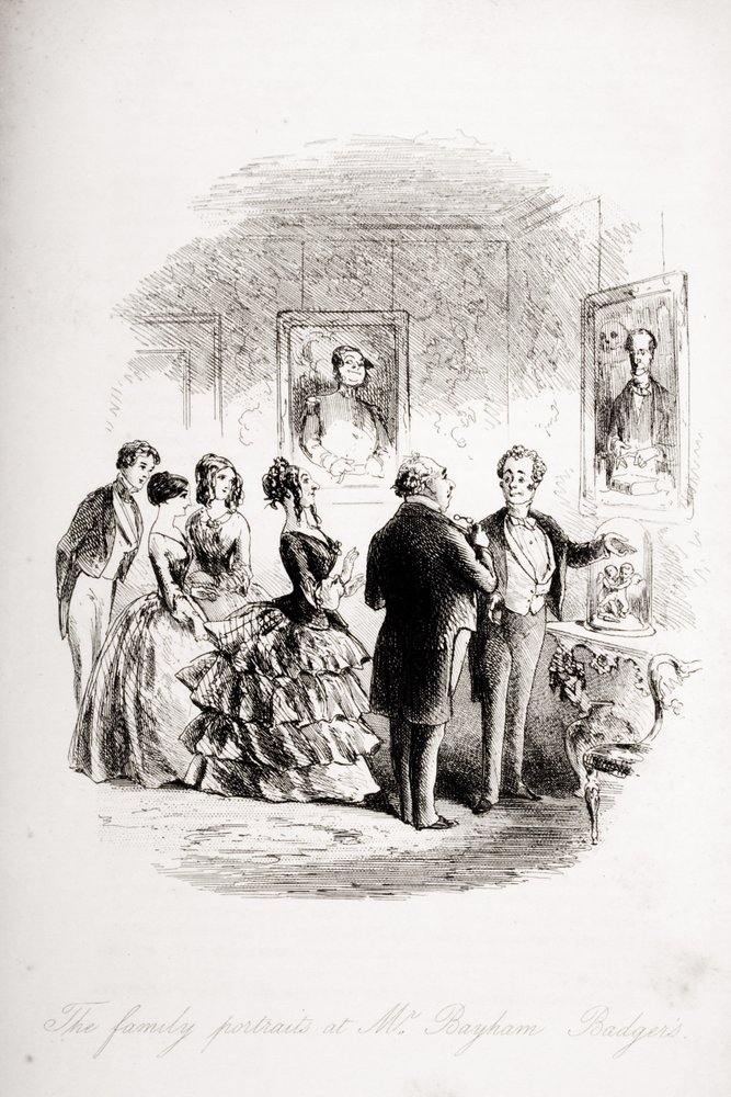 Családi portrék Mr. Bayham Badgernél, illusztráció Charles Dickens (1812-70) „Bleak House” című művéből, 1853-ban (litho) alkotó: Hablot Knight Browne