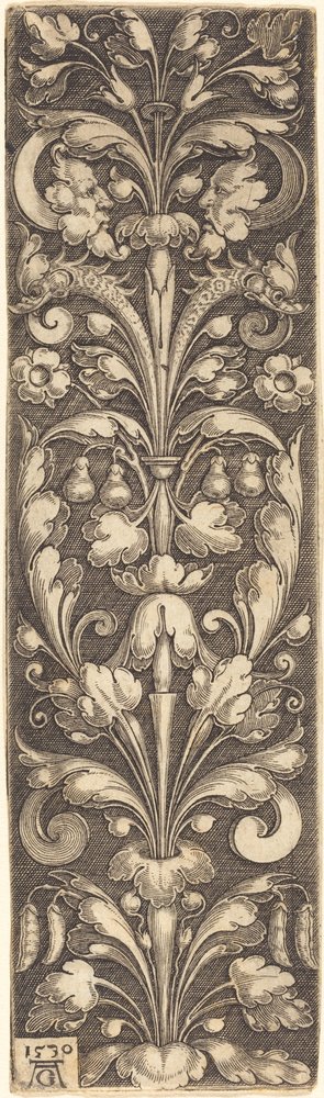 Díszlevelű szálka két maszkkal és két delfinnel, 1530. alkotó: Heinrich Aldegrever