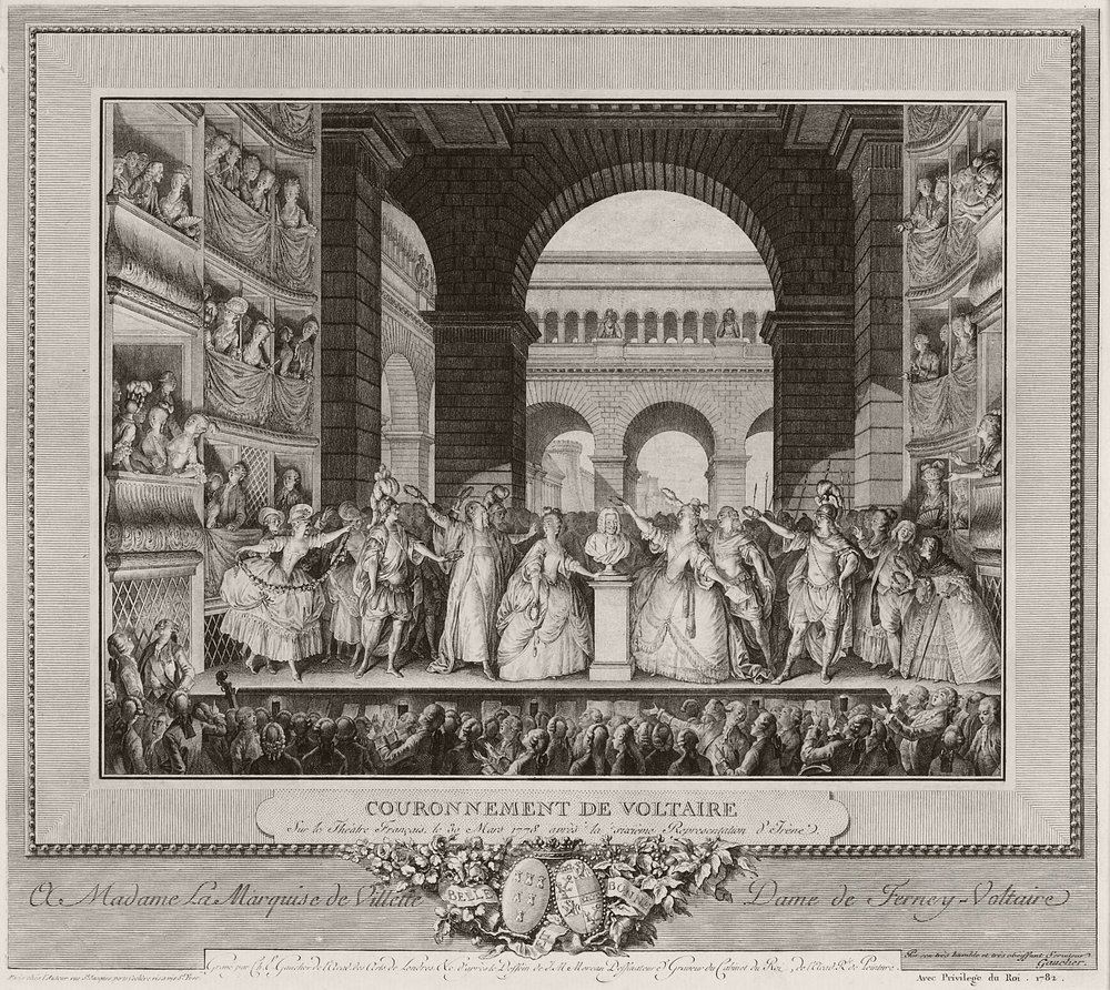 Voltaire megkoronázása a Théâtre Français színpadán 1778. március 30-án, az Irène hatodik előadása után, 1782 alkotó: Henry Le Jeune