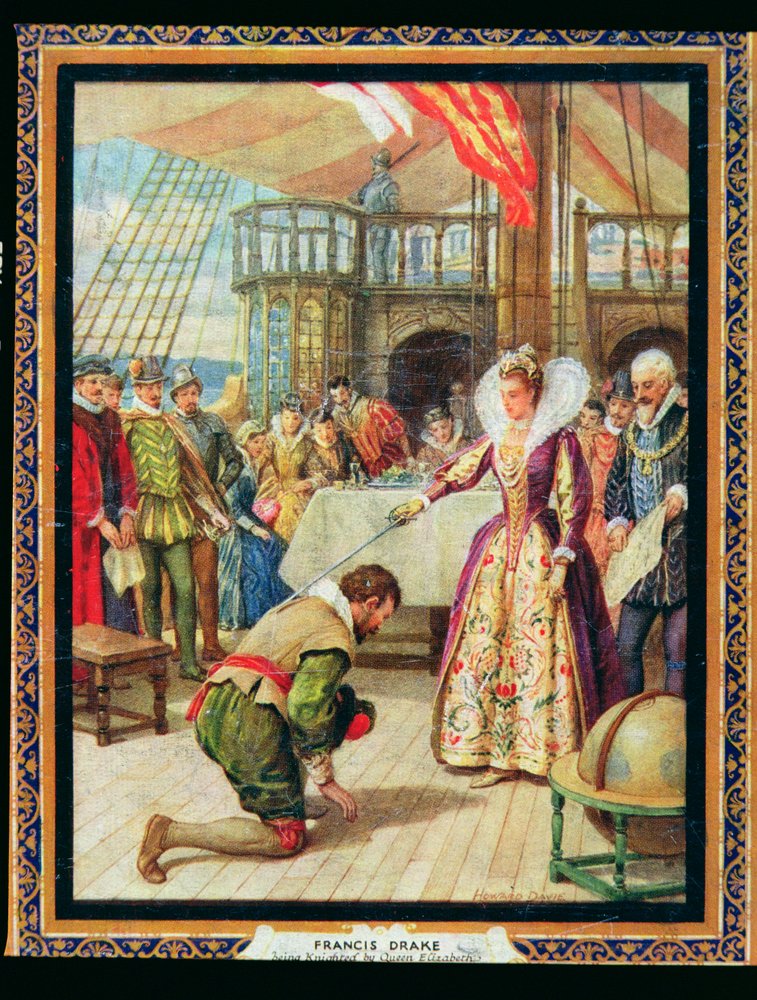 I. Erzsébet királynő (1530-1603) Francis Drake (1540-96) lovagok, illusztráció a Történelem hőseiből (színes litó) alkotó: Howard Davie