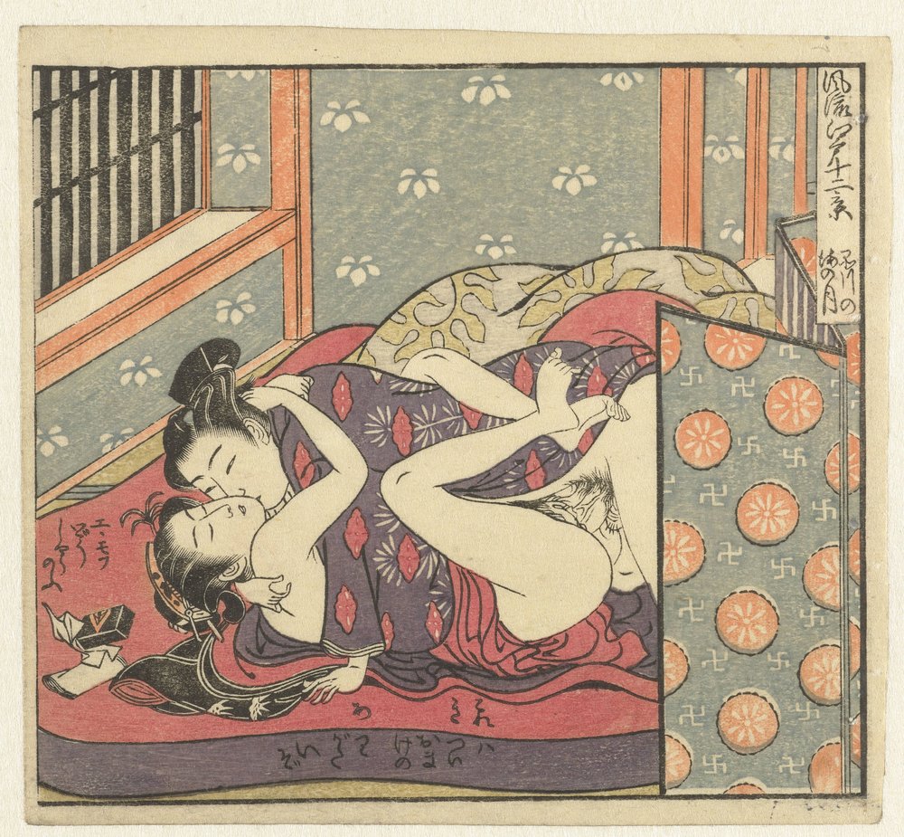 Szerelmespár paraván mögött. Tizenkét látkép a kifinomult Edóról (sorozatcím). Furyu Edo junikei (a tárgyon szereplő sorozatcím) alkotó: Isoda Koryusai