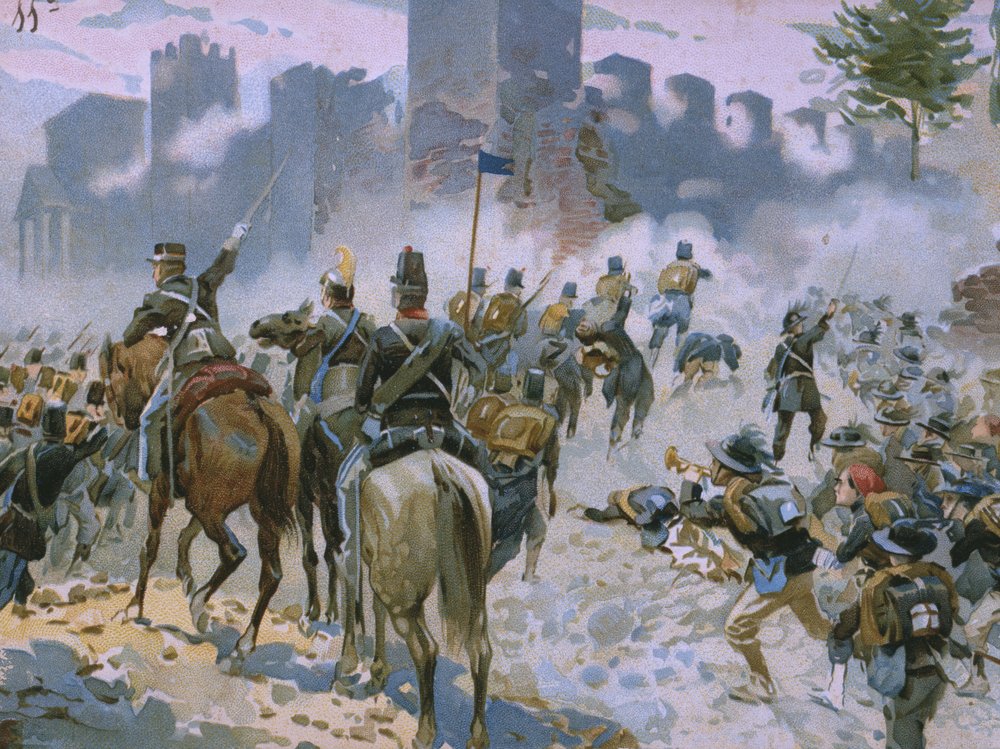 Solferinói és San Martinói csata, 1859. június 24., illusztráció a Risorgimento történetéről szóló albumból, a Talmone csokoládé számára készült, 19. század vége alkotó: Italian School