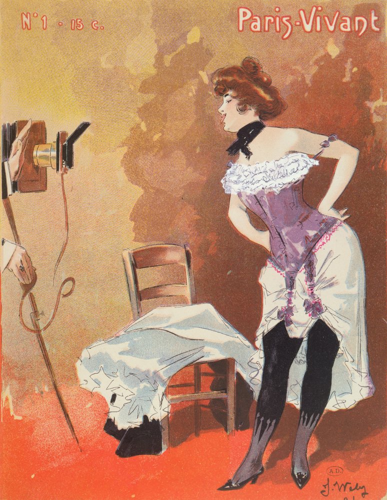 Fűzőben fényképezett nő, karikatúra a „Paris-Vivant” számára, 1901 alkotó: Jacques Wely