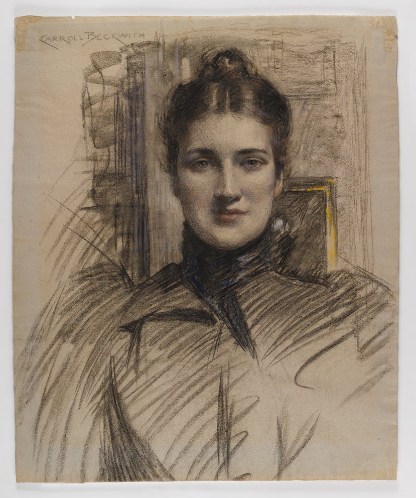 Minnie Clark portréja, 1890-es évek (szén, színes ceruzával vagy pasztellel, szürkéskék terített papíron) alkotó: James Carroll Beckwith