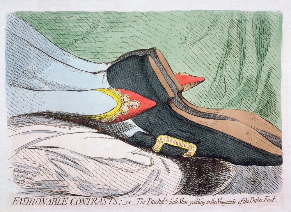 Divatos ellentétek, avagy A hercegné kis cipője enged a herceg lábának nagysága előtt, kiadta Hannah Humphrey 1792-ben alkotó: James Gillray