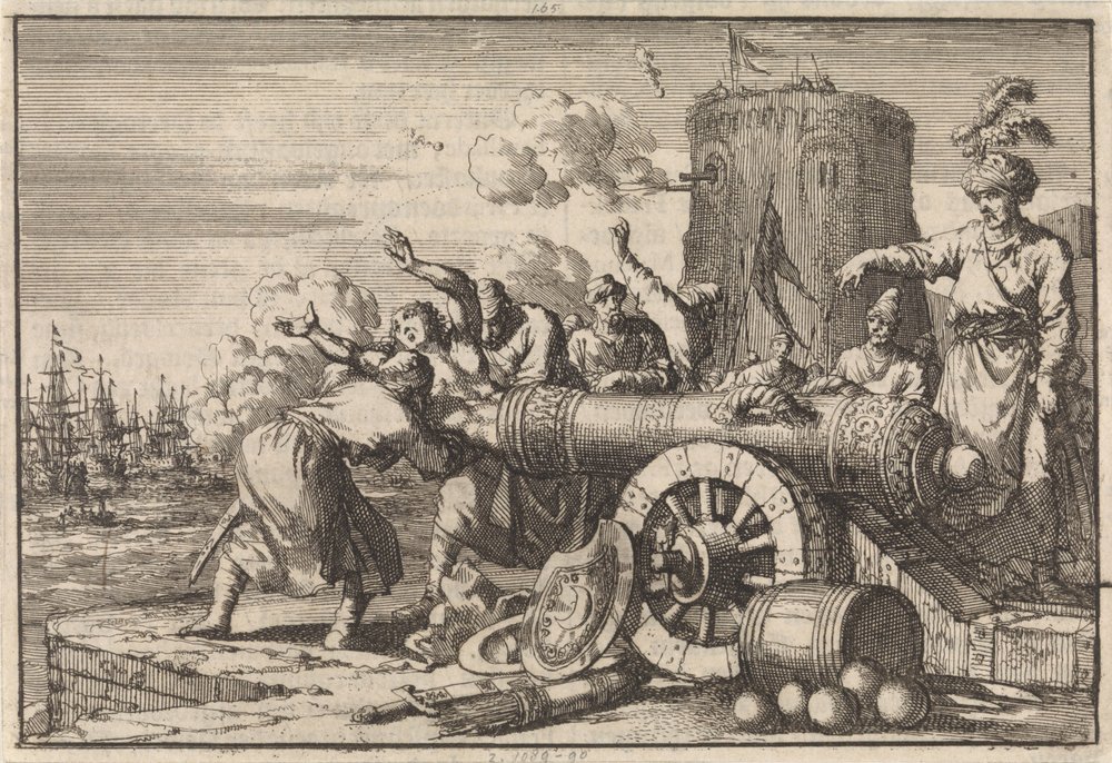 A francia Algír bombázása során az algériaiak ágyúba töltik a francia konzult, és megölték, 1683 alkotó: Jan Luyken