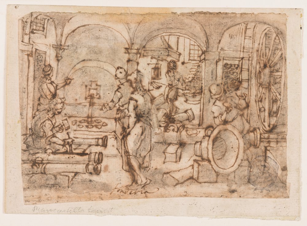 A puskapor találmánya, a "Pulvis Pyrius" terve, pl. 3. a Nova Reperta (Modern idők új találmányai) nyomatsorozatában alkotó: Jan van der Straet, called Stradanus