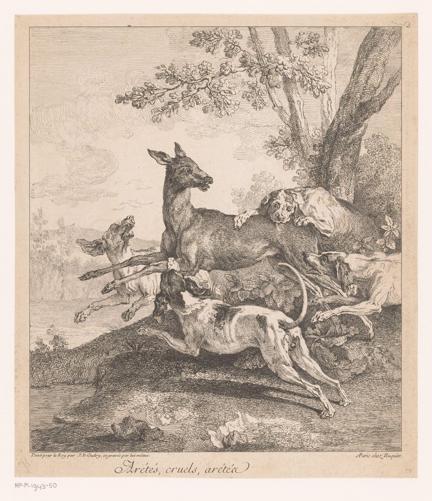 Vadászkutyák megtámadták a szarvast Arrêtés, cruels, arrêtez (...) (cím a tárgyon) Vadászjelenetek (sorozat címe) alkotó: Jean-Baptiste Oudry